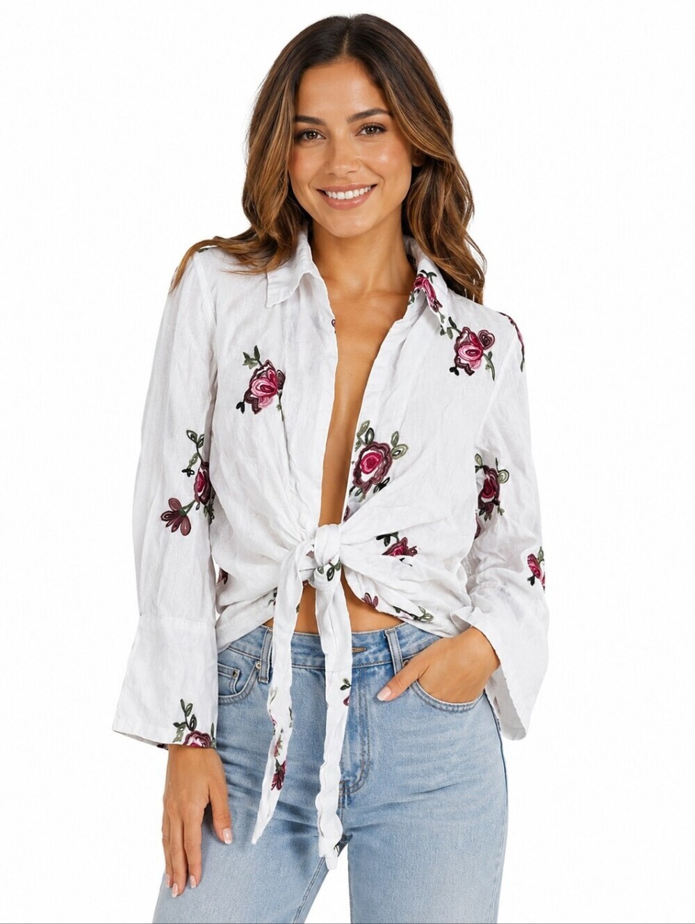 Mishca 100% Linen Embroidered Floral Tie Front Blouse White Size Small
